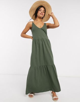фото Ярусное платье макси на бретельках цвета хаки asos design-зеленый