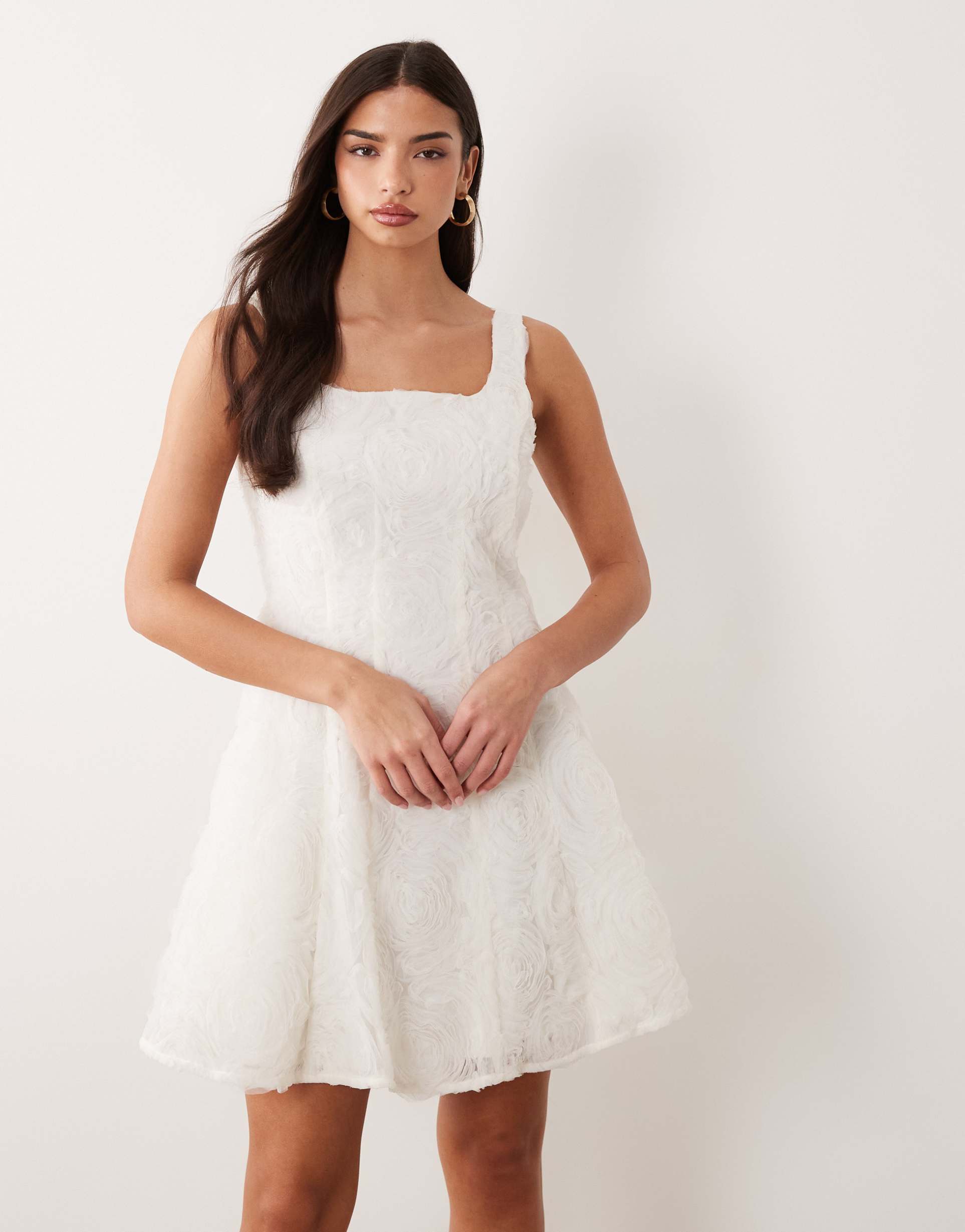 yas 3d floral appliqué flippy mini dress in gardenia white