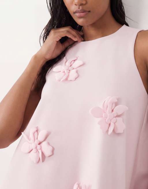 YAS 3D floral applique mini shift dress in ballerina pink, 2 of 4