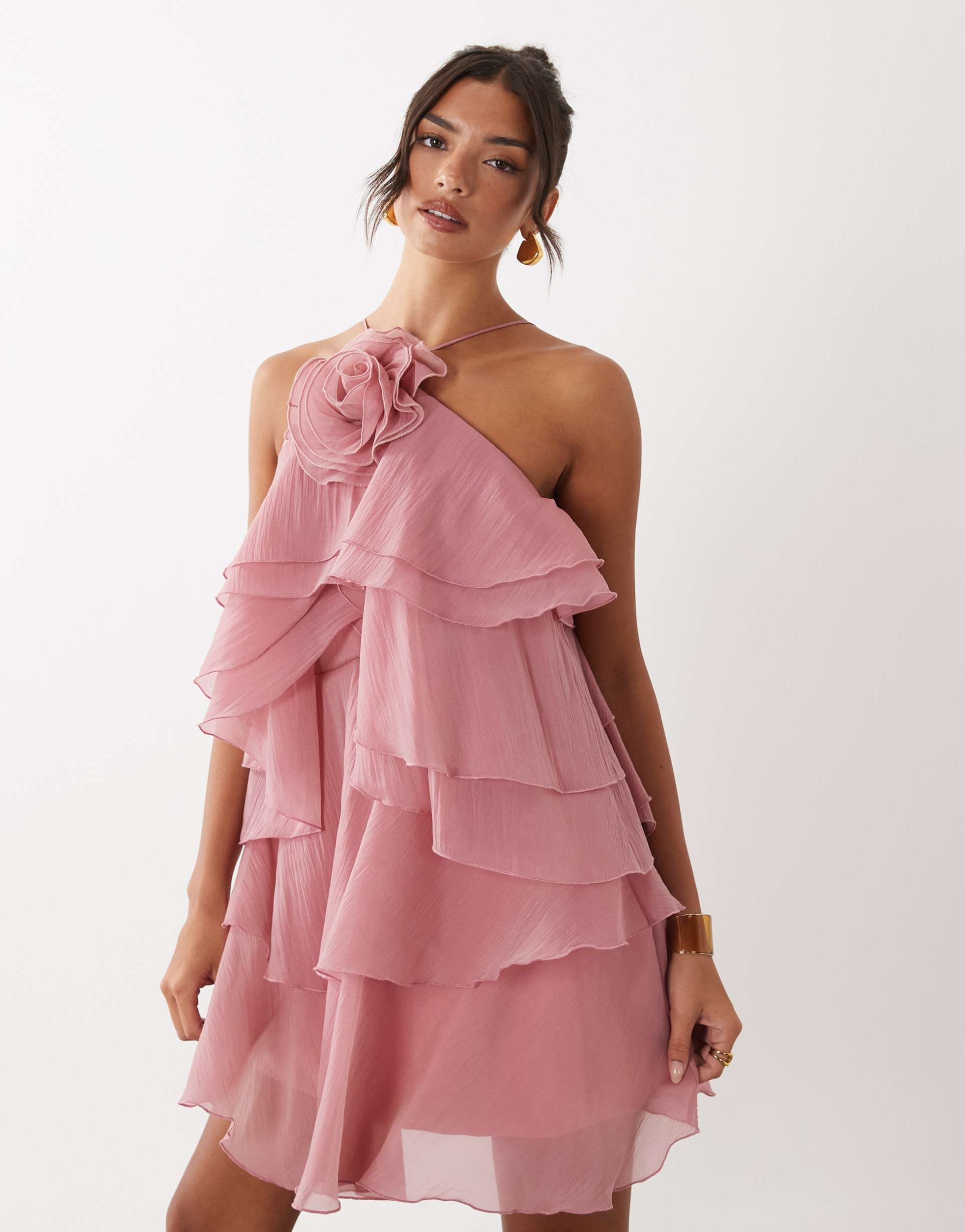 yas 3d floral applique ruffle mini dress in pink