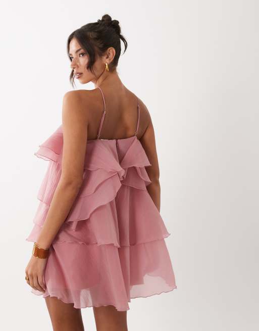 YAS 3D floral applique ruffle mini dress in pink , 3 of 4