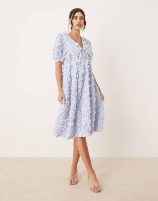3D floral textured v neck midi dress in soft blue