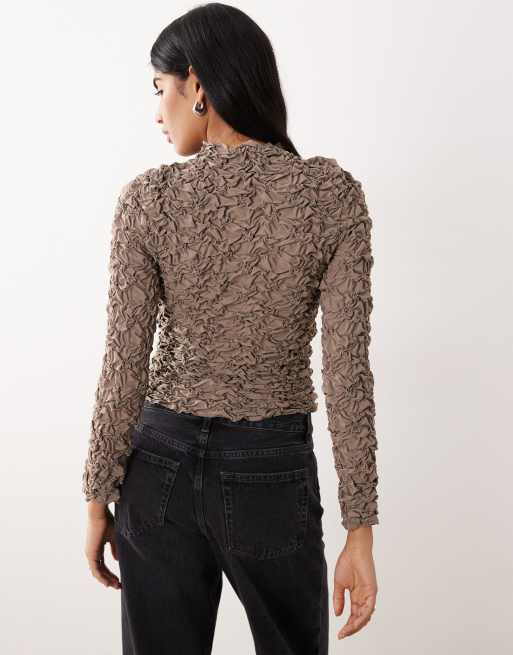 YAS - 3D-getextureerde top met lange mouwen in taupe grijs, 3 van 4