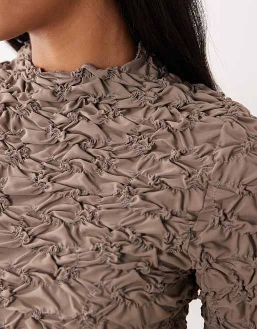 YAS - 3D-getextureerde top met lange mouwen in taupe grijs, 4 van 4
