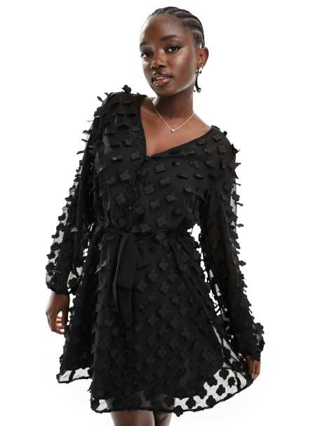 Y.A.S 3D textured belted shirt dress in sheer black - view 1