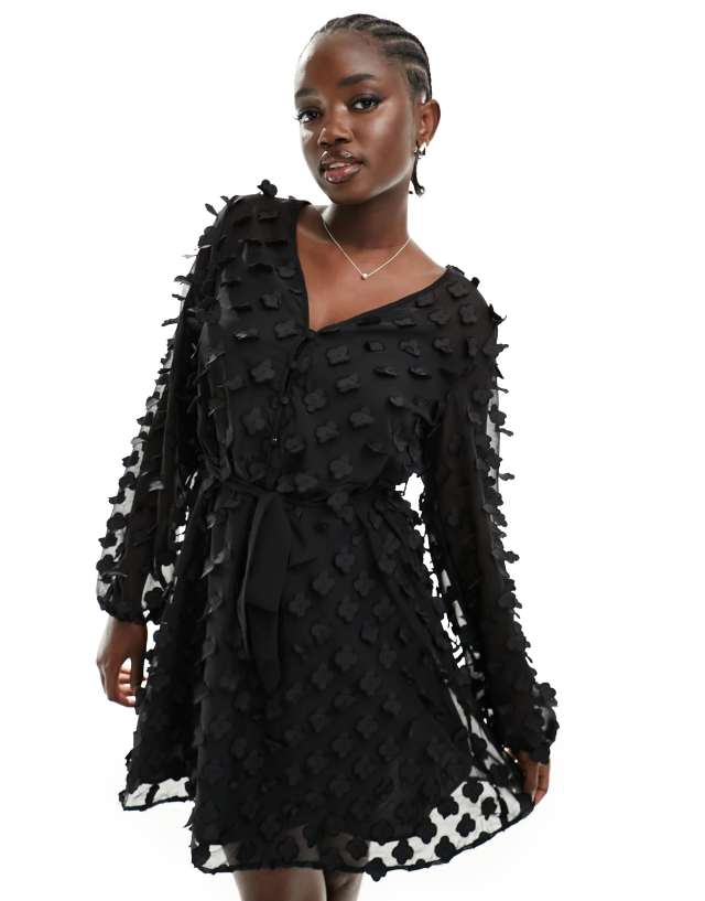 Y.A.S - 3d textured belted shirt dress in sheer black