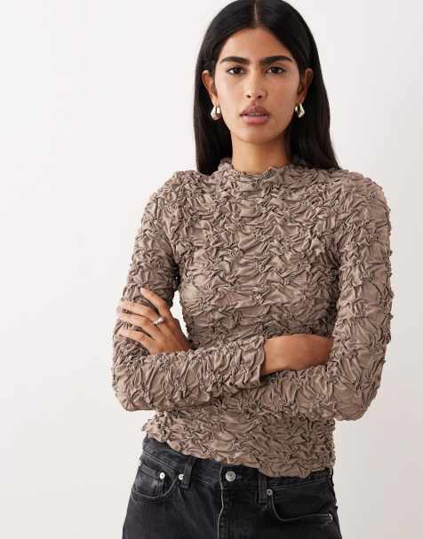 YAS 3D textured long sleeve top in taupe grey - view 1