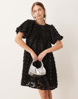 Y.a.s. 3d Textured Rose Mini Smock Dress In Black