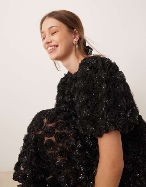 YAS 3D textured rose mini smock dress in black with shimmer gold