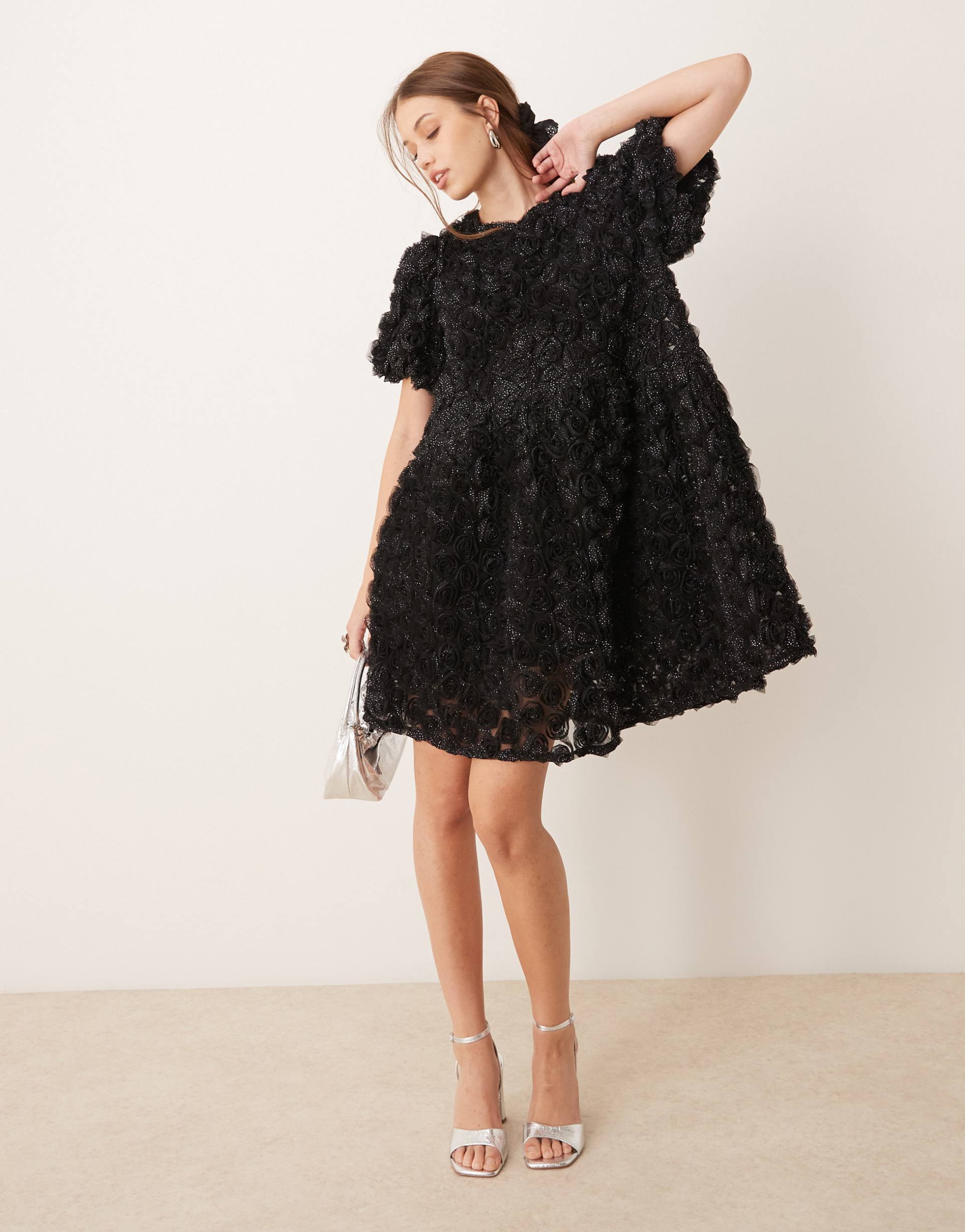 yas 3d textured rose mini smock dress in black with silver shimmer