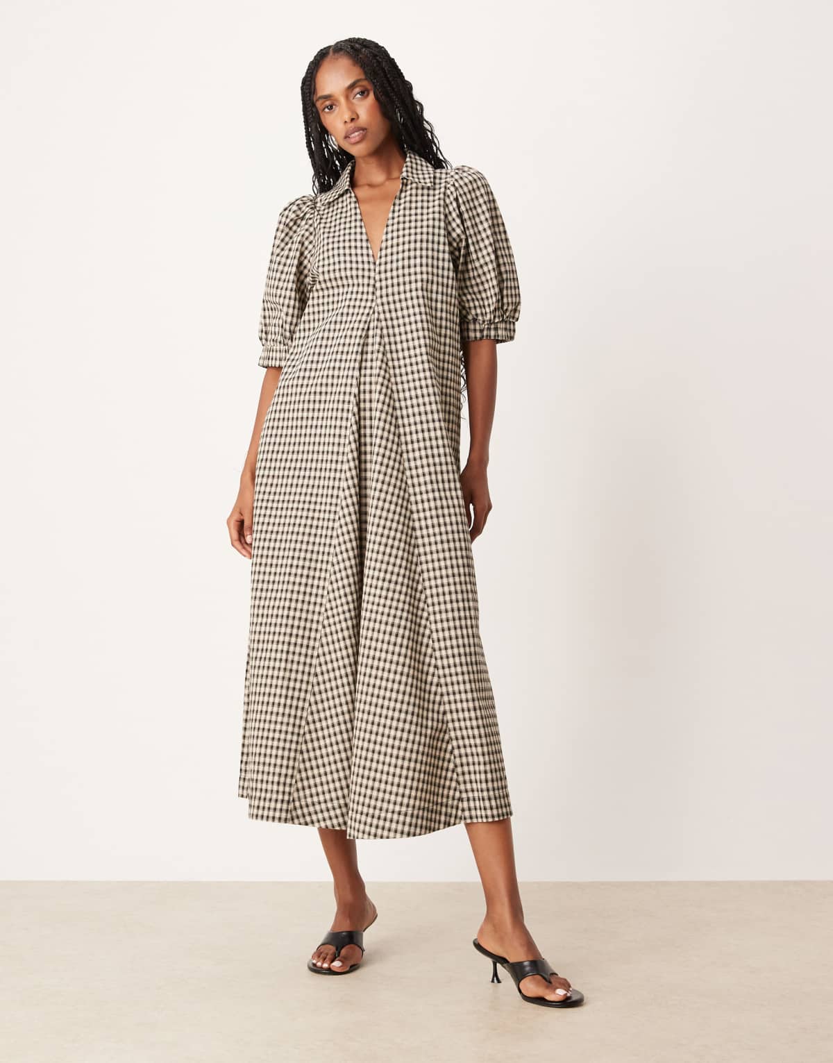 YAS a-line check midi dress in black