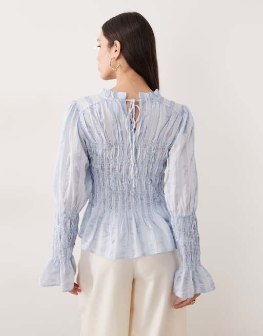 YAS - Aangerimpelde blouse met lange mouwen en textuur in pastelblauw, 2 van 4