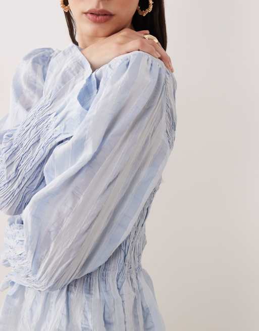 YAS - Aangerimpelde blouse met lange mouwen en textuur in pastelblauw, 3 van 4