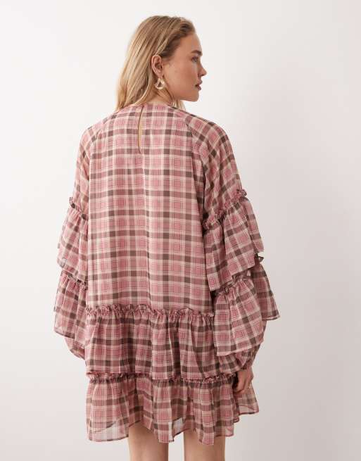 YAS - Aangerimpelde mini jurk van chiffon met ruches in roze en mauve ruitprint, 4 van 4