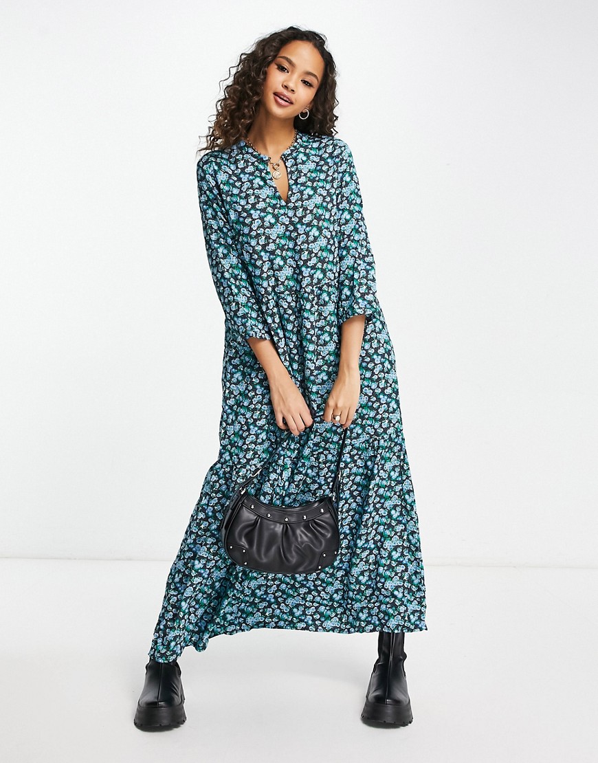 Y.A.S. Alima floral print smock maxi dress in blue multi