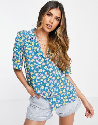 Y.A.S Alina printed revere shirt in blue