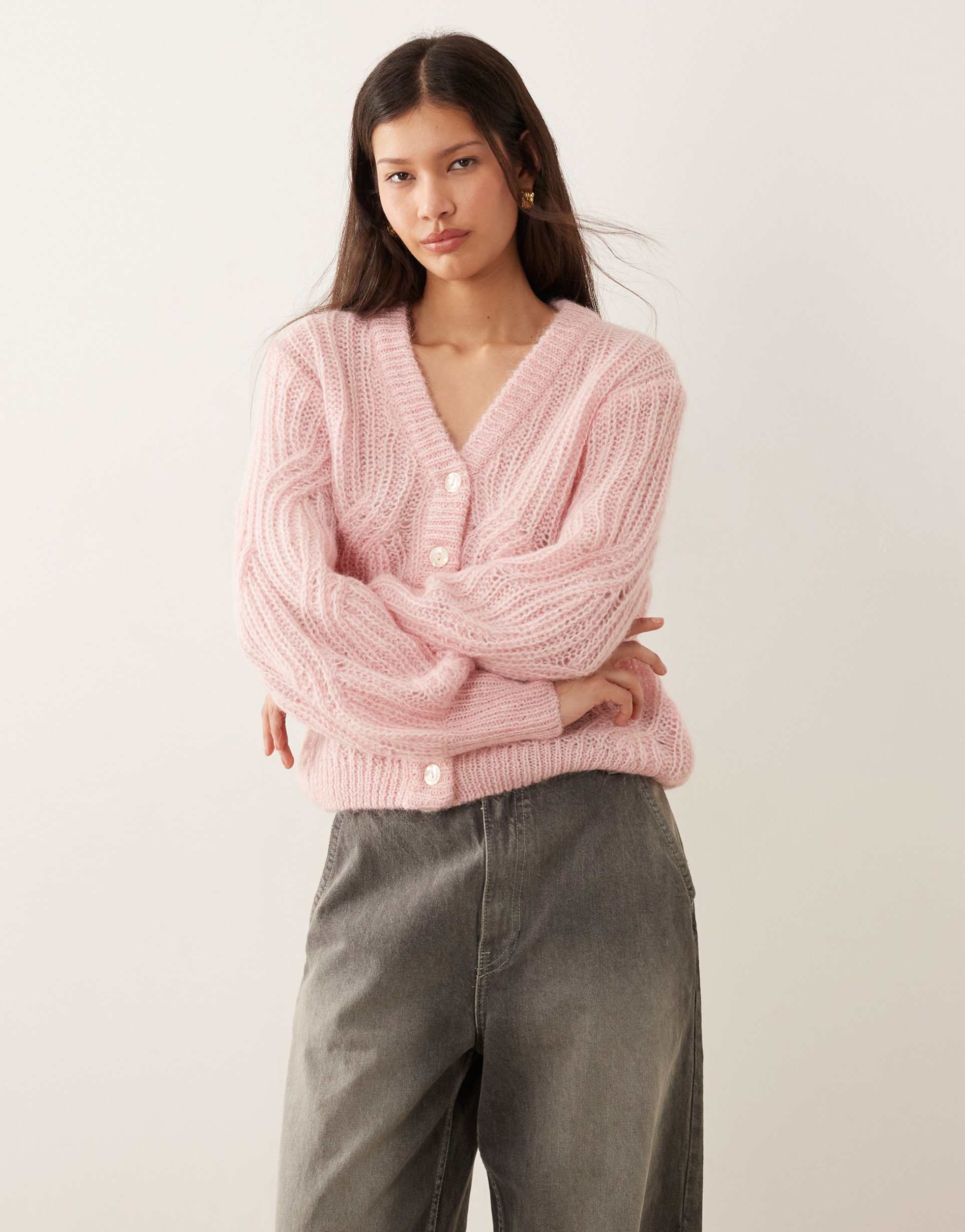 yas alpaca blend knit cardigan in pale pink