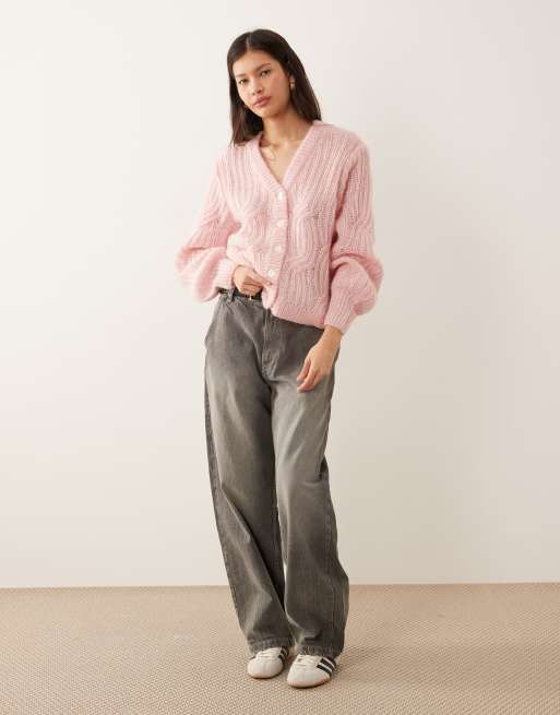 YEMAK Women's V-Neck Knit Cardigan - 3/4 Sleeve Button Down Lightweight Sweater, Light Pink, Large - View #3