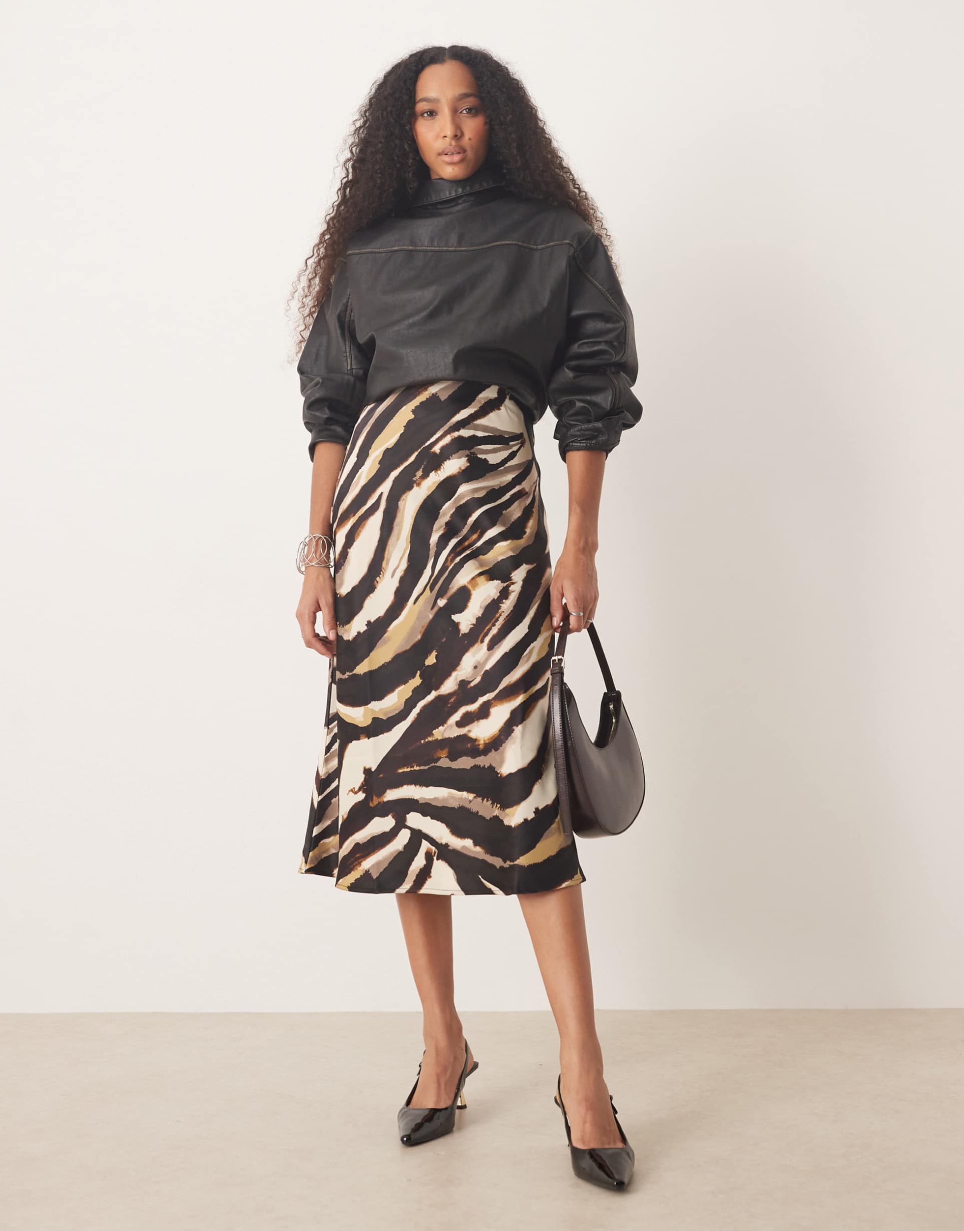 yas animal print satin midi skirt in neutral