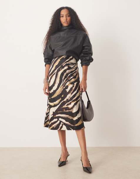YAS animal print satin midi skirt in neutrals - view 1