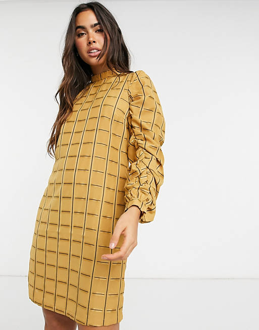 Y.A.S. Anise ruched sleeve check mini dress in yellow