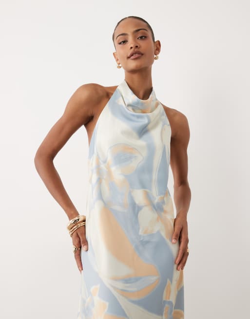 YAS – Ärmelloses Satin-Midikleid mit hohem Wasserfallausschnitt und abstraktem Aquarell-Blumenmuster, 2 von 4