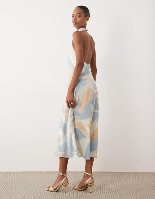 YAS – Ärmelloses Satin-Midikleid mit hohem Wasserfallausschnitt und abstraktem Aquarell-Blumenmuster, 4 von 4