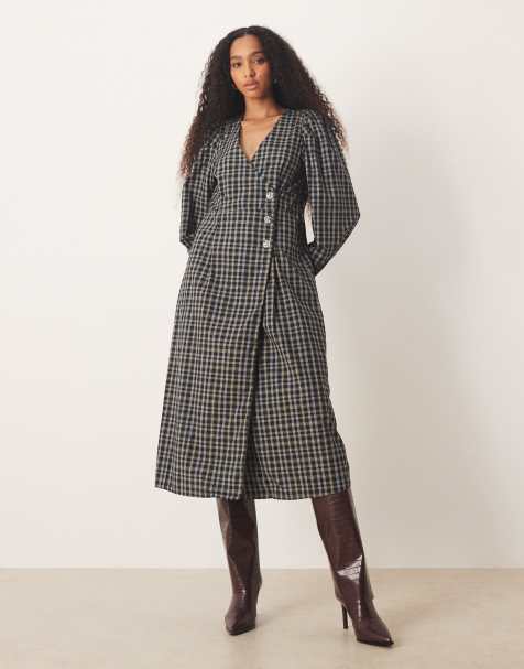 YAS asymetric button midi dress in black check - view 1