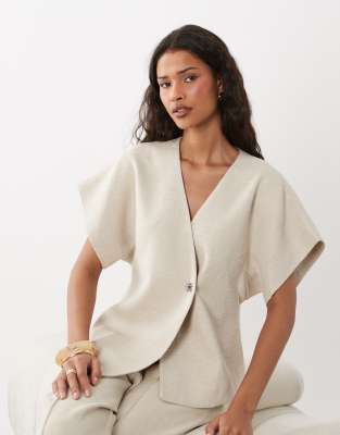 Y.a.s. Asymetric Tailored Top With Hammered Button In Neutral