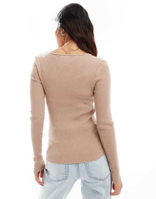 YAS asymmetric neck long sleeve knitted top in beige BEIGE