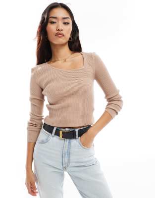 asymmetric neck long sleeve knitted top in beige-Neutral