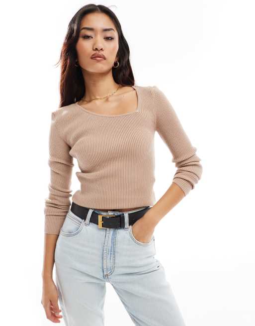 YAS asymmetric neck long sleeve knitted top in beige