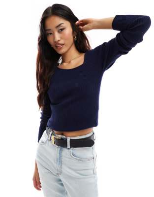 asymmetric neck long sleeve knitted top in navy