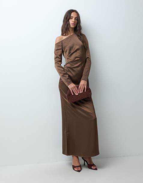 YAS asymmetric off shoulder satin maxi dress in chocolate brown