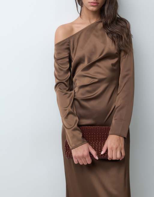 YAS asymmetric off shoulder satin maxi dress in chocolate brown, 5 of 5