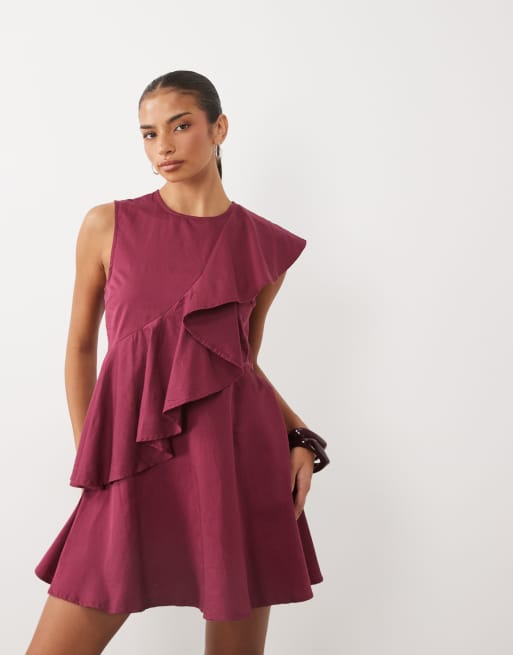 YAS asymmetric ruffle mini dress in beetroot red , 2 of 4