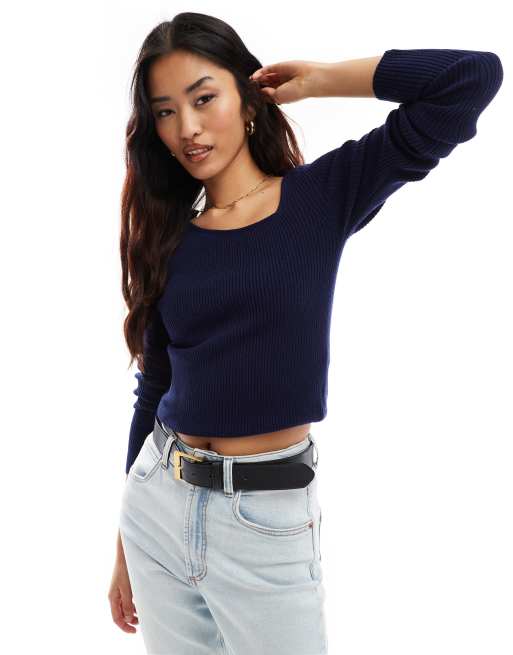 YAS - Asymmetrische gebreide top met lange mouwen in marineblauw