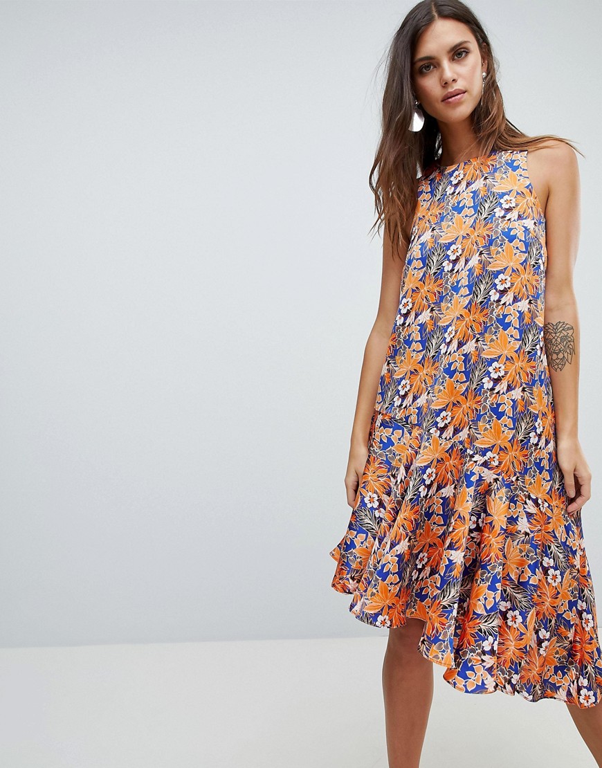Y.A.S - Asymmetrische midi-jurk met rucherand en bloemenprint-Multi
