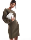 [YAS] YAS balloon sleeve mini dress in olive-Green XL Capers