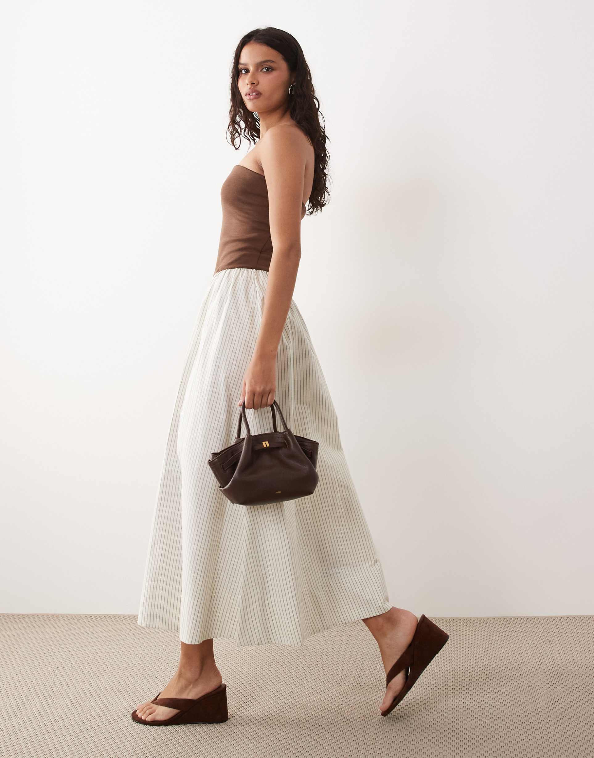 yas bandeau contrast pinstripe maxi dress in brown and white