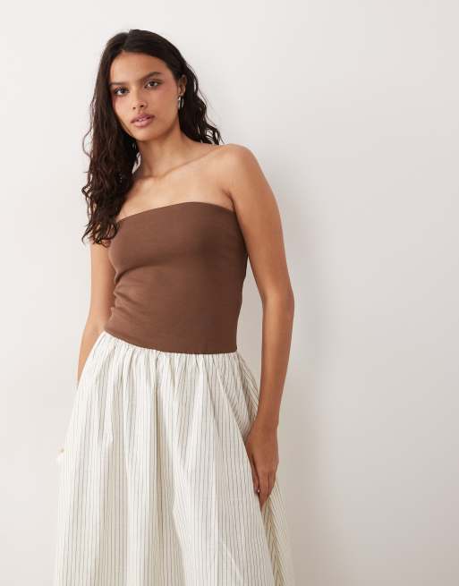 YAS bandeau contrast pinstripe maxi dress in brown and white, 2 of 4