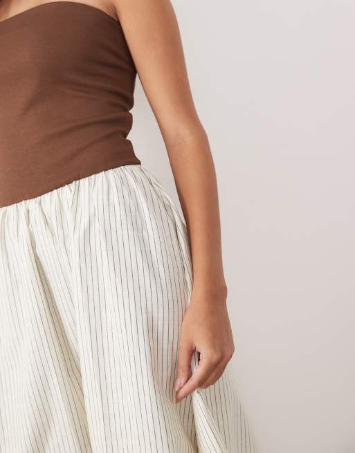 YAS bandeau contrast pinstripe maxi dress in brown and white, 3 of 4