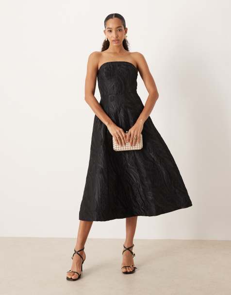 YAS bandeau jacquard structured midi dress in black - view 1