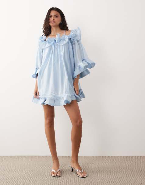 YAS bardot ruffle detail mini dress in blue - view 1