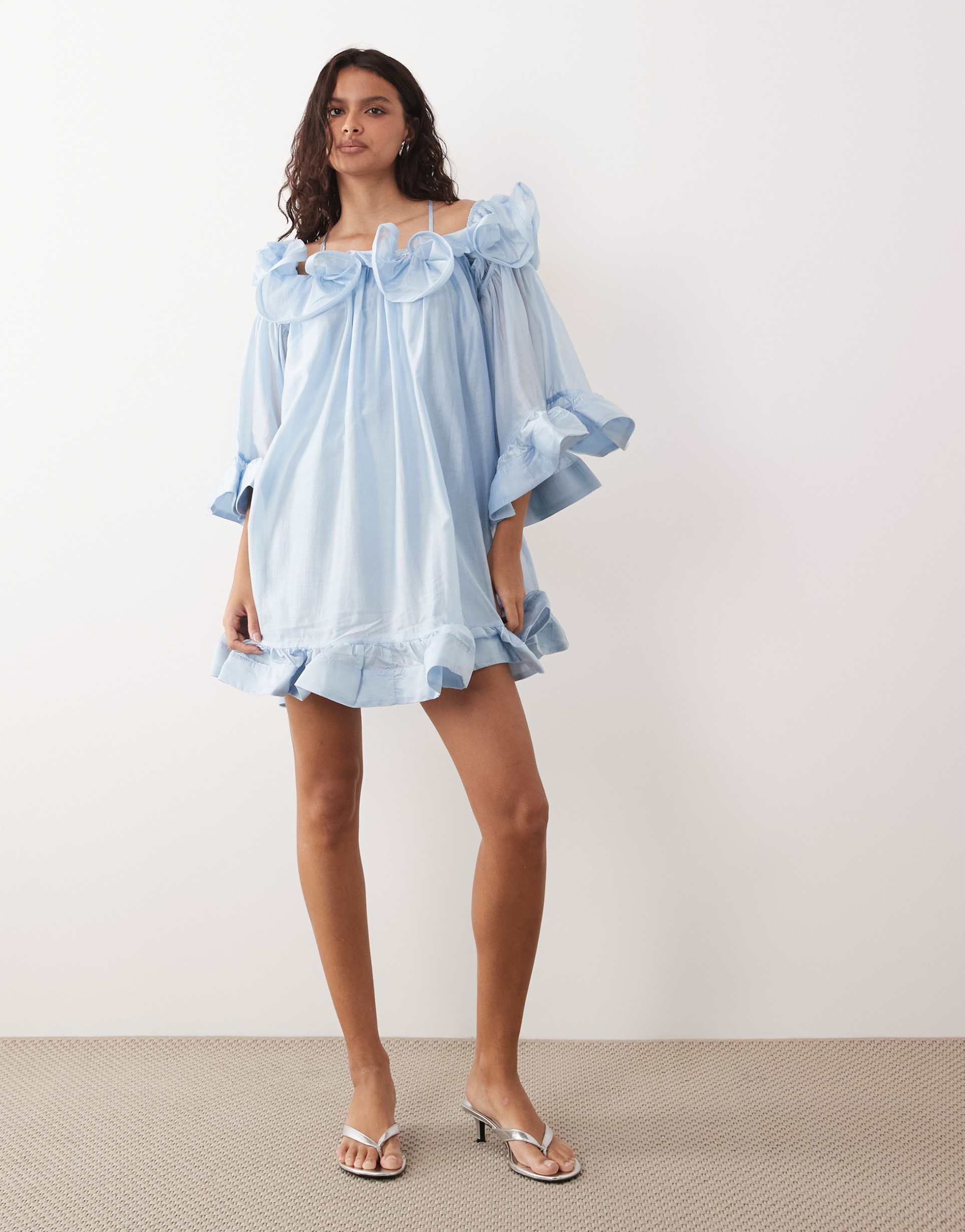 yas bardot ruffle detail mini dress in blue