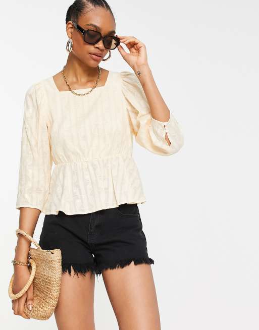 Y.A.S – Baumwoll-Bluse in Cremeweiß mit eckigem Ausschnitt - BEIGE