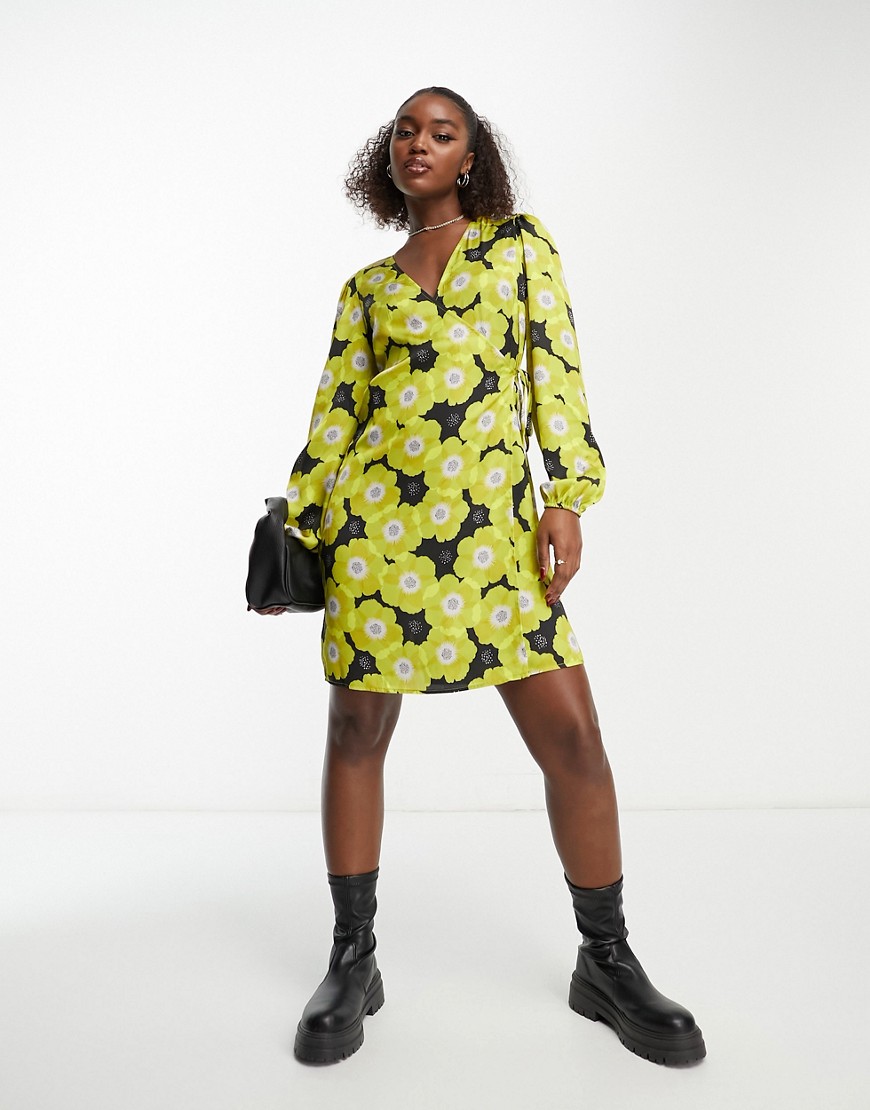 becca long sleeve wrap dress in yellow and black print-Multi