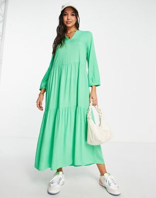 Y.A.S Belima button down tiered midi dress in green