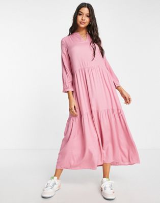 Y.A.S Belima button down tiered midi dress in pinkn