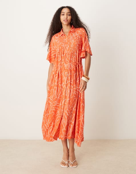 YAS belted button front fluted sleeve dress in orange floral print - view 1